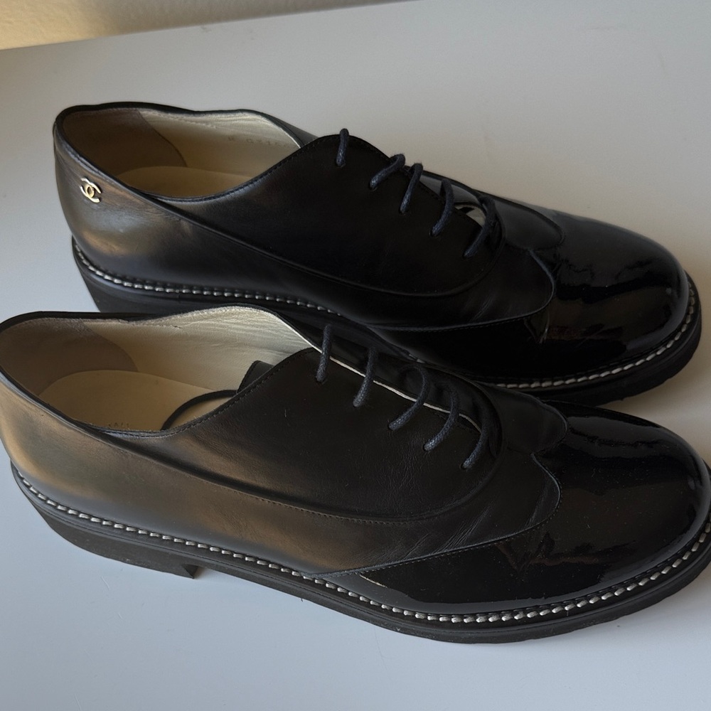 CHANEL Black Leather Oxfords